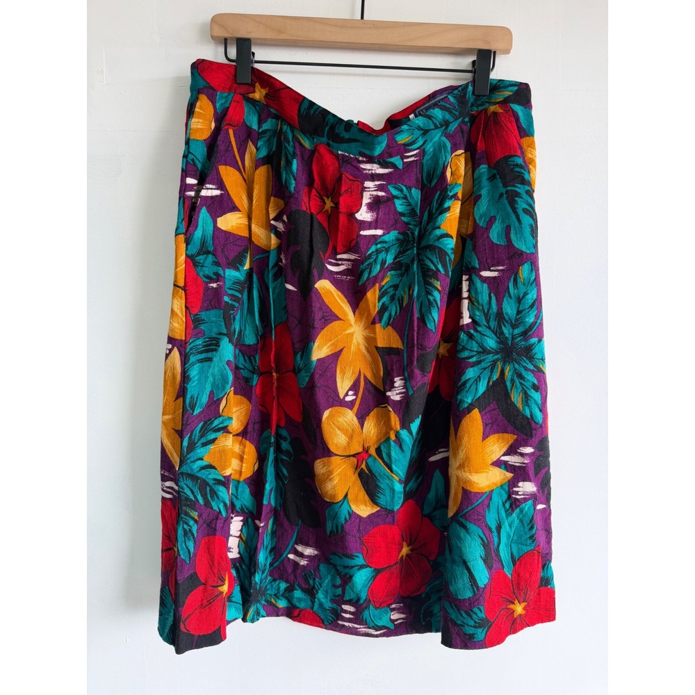 Vintage Maggie McNaughton Tropical Floral Midi Skirt Purple Red Size 38 USA Made